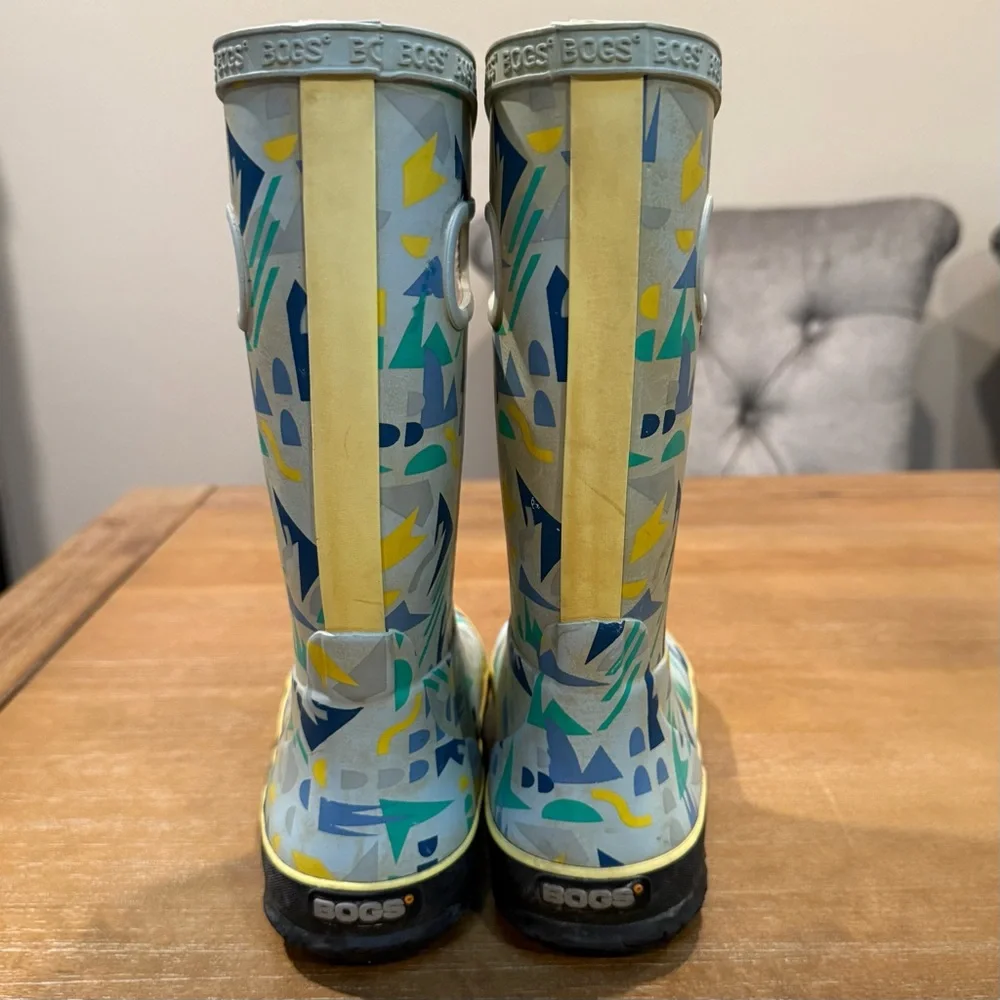 Bogs Kids Rain Boots Sparse Geo Blue Multi Waterproof Pull-On‎ Handles Sz 3